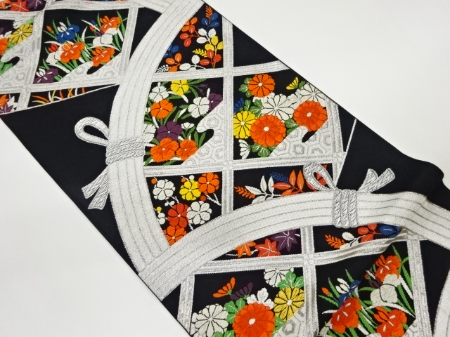 JAPANESE KIMONO / VINTAGE FUKURO OBI / WOVEN AUTUMN FLOWERS & FENCE PATTERN